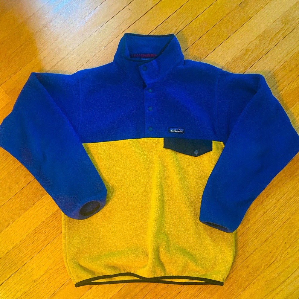 Patagonia Fleece Sweater, blue and gold, men’s medium, good used condition